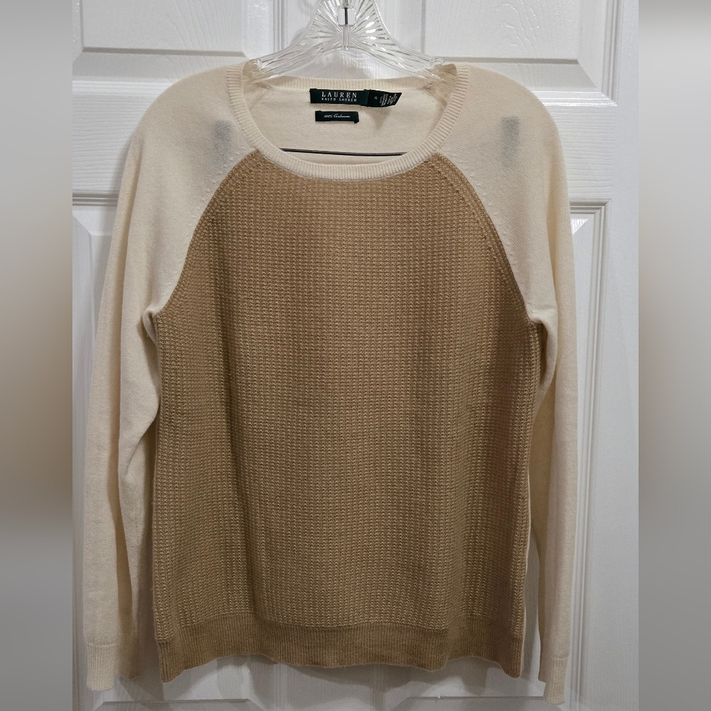 Ralph Lauren Women's Beige and Light Brown 100% Cashmere Sweater, Size XL